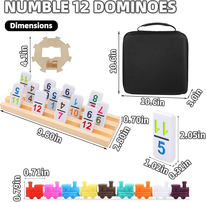 Double 12 Mexican Train Dominoes Set with 8 Wooden Racks & 91 Number Tiles Portable Travel Board Game for Kids and Adults Family Game Night