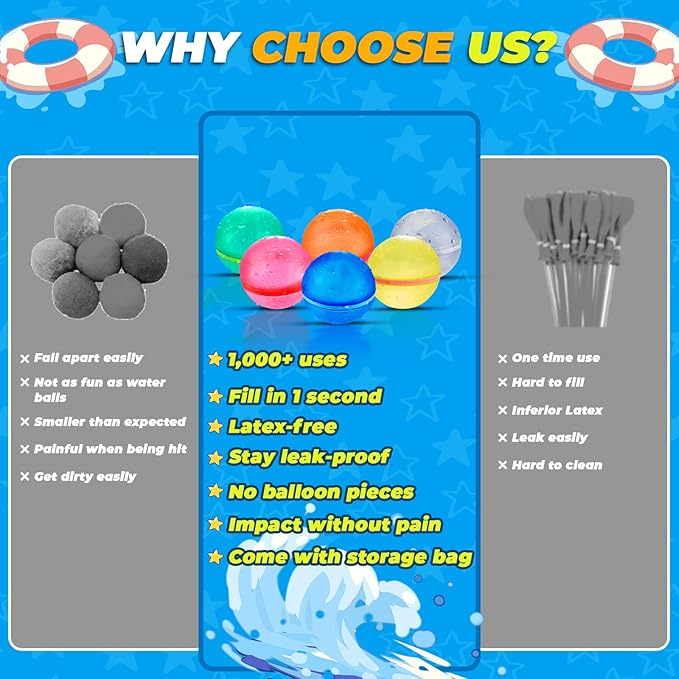 16PCS Magnetic Reusable Water Balloons, Refillable Silicone Bath Pool Beach Toys for Kids, Quick Fill Self-Sealing Splash Balls for Outdoor Water Fun Summer Family Games