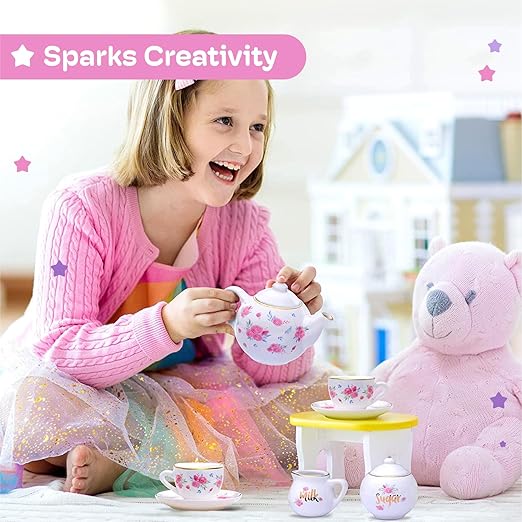 Jewelkeeper Porcelain Tea Set for Little Girls with Pink Picnic Basket - 13 Pieces Mini Toddler Tea Sets for Girls 2-4 - Real Cups, Teapot, and Saucers - Children Playset - Floral Design