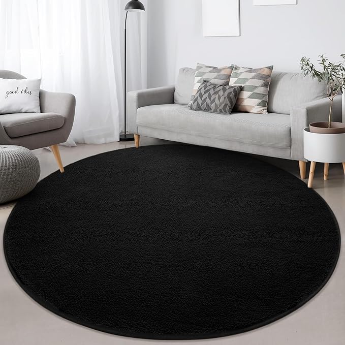 FlyDOIT Round Area Rugs for Bedroom Living Room, 4x4 Black Super Soft Comfy Thickened Memory-Foam Indoor Circle Carpet, Modern Aesthetic Minimalist Carpet for Boys Girls Adults Nursery Home Décor