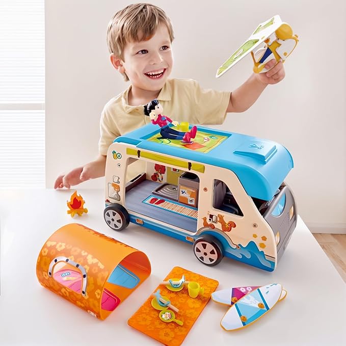 Hape Adventure Van| 23-Piece Wooden Pretend Play Camper Van Toy Set with Camping Accessories
