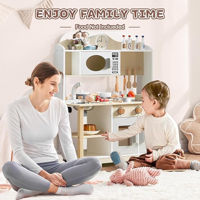 Kids Play Kitchen, Wooden Toy Kitchen Playset for Kids with 12 Pcs Toy Food & Cookware Accessories, Childrens Pretend Kitchen Playset for 3+ Years Old