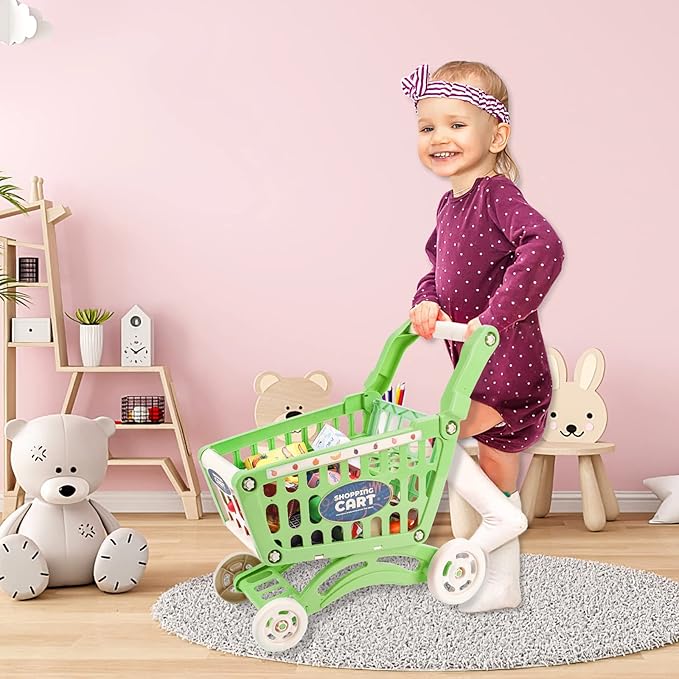 deAO Kids Shopping Cart Trolley for Groceries Toddlers 65 Food Fruit Vegetables Pretend Play Food Role Play Educational Toy Play Kitchen Toys Store Playset (Green)