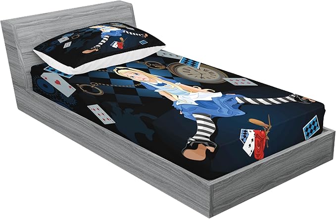 Ambesonne Alice in Wonderland Fitted Sheet & Pillow Sham Set, Grown Giant Girl Sitting Flying Cards and Rose Checkered Cartoon, Decorative Printed 2 Piece Bedding Decor Set, Twinxl, Dark Blue