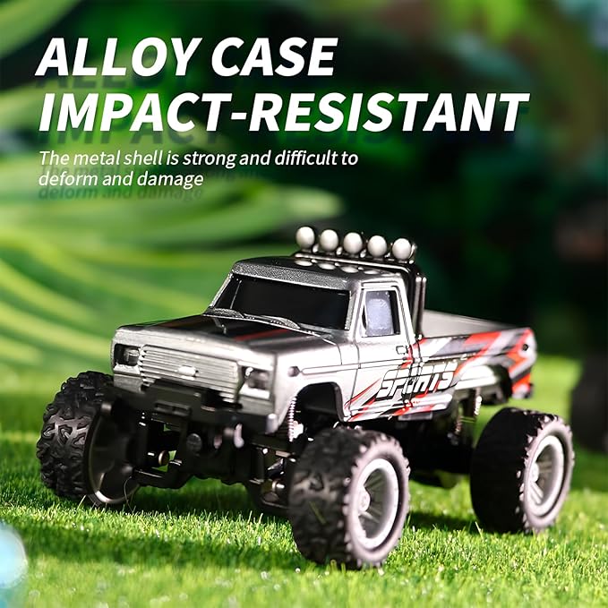 Mini Rc Truck, Mini RC Monster Truck, 1:64 Scale Monster Truck Remote Control Car with Lights, 2.4Ghz Remote Control, Mini Alloy Monster Truck Rc with Trailer, Speed/Steering Adjustable(6Pcs)