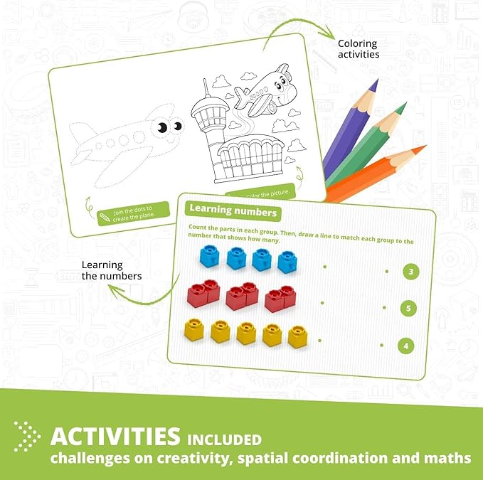 Engino: Qboidz Airplane - 5 Model Brick Building Set, Toy Construction, Coloring & Math Activities, Stack & Click Assembly, STEM Play & Learn, Kids 3+
