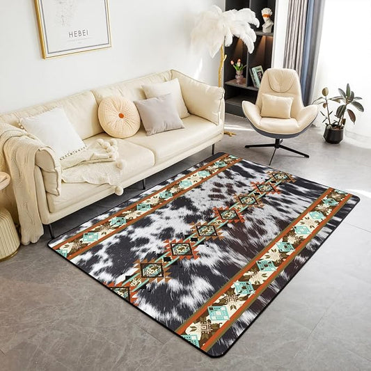 Erosebridal Cowhide Area Rug 5x7, Western Rugs, Black and White Highland Cow Print Exotic Aztec Diamond Carpet for Bedside, Farm Animals Bull Cattle Skin Cowboys Decorative Rug for Women