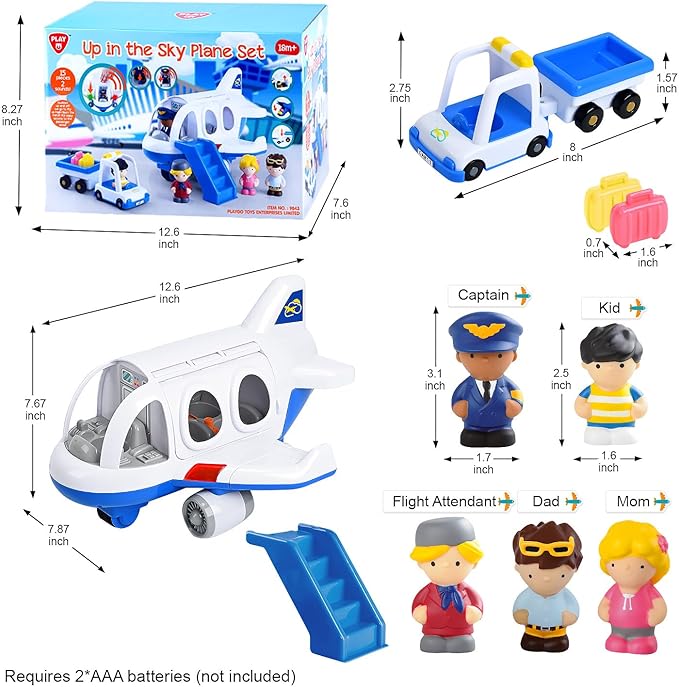 PLAY Airplane Toy for Kids - Toddler Airplane Toys Travel Plane Toys for Kids 2+ Years Old with Small Figures & Baggage Carrier, Musical Toy Airplane with Lights for Boys Girls Gifts Birthday (Blue)
