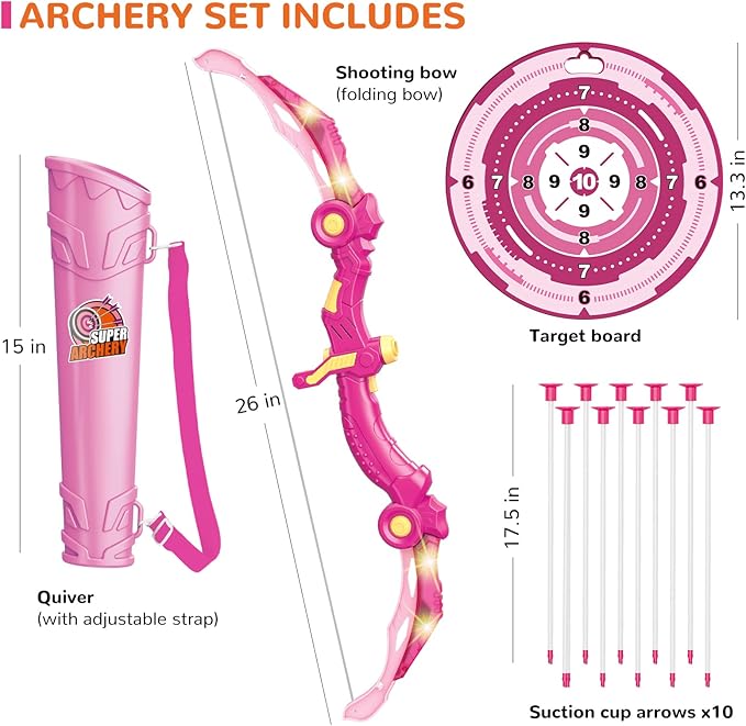 Bow and Arrow Toys with LED Light Up Archery, Birthday Gift for Girls 5 6 7 8 9 10 11 12 Year Old, Christmas Indoor Outdoor Activity Toy for Kids Girls Ages 6-8, 10 Suction Cup Arrows, Target, Quiver