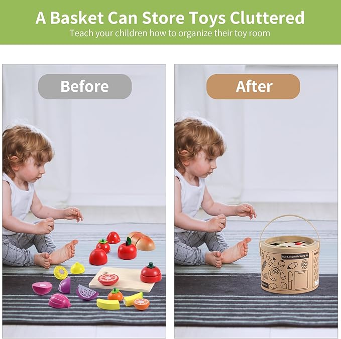 WHOHOLL Wooden Play Food for Kids Kitchen Playset, Play Kitchen Accessories Pretend Cutting Food Montessori Toys for 3+ Year Old with Basket, Toy Food for Fine Motor Skills