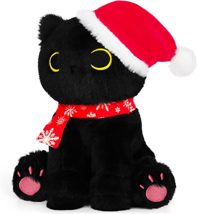 Black Cat Plush, 9In Christmas Plush Black Cat Stuffed Animals Toy for Kids, Cute Stuffed Cat Plushies Toy for Girls Boys, Kawaii Kitten for Boys and Girls
