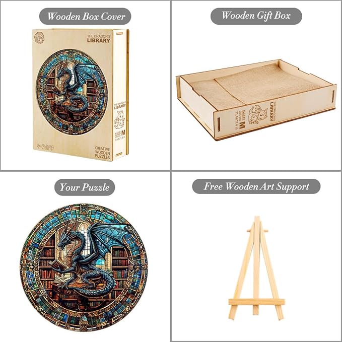 KAAYEE Wooden Puzzles for Adults-Dragon Library Wooden Jigsaw Puzzle Unique Shape Wooden Puzzle Wood Puzzle for Adults,Family Puzzles for Adults (S-8.5 * 8.5in-100pcs)