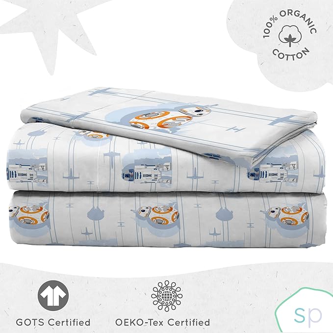 Saturday Park Star Wars Droids Twin Sheet Set - 3 Piece 100% Organic Cotton Sheets Features R2-D2 & BB-8 - GOTS & Oeko-TEX Certified (Star Wars Official)