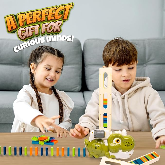 Atlasonix Domino Train, Domino Train for Kids, Automatic Set for Kids, 3 Year Old Boy Gift, Montessori Toys, Fun, Educational Toys, Birthday Present for 3-5 Year, 220 Blocks Dinosaur