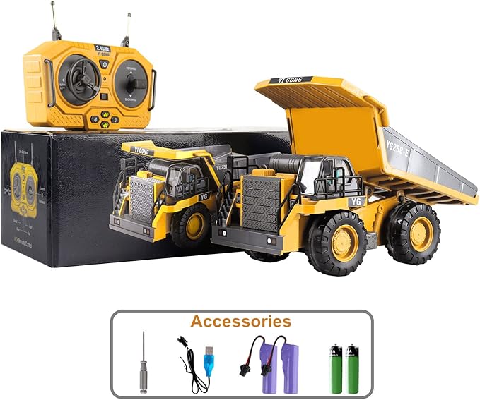 Dwi Dowellin Remote Control Dump Truck Toys for Boys 4-7,Construction Rc car with Metal Bed Lights/Sounds for Kids Age 8-12 Year Old,Ideal for Boys Age 3+