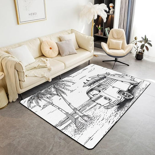 Erosebridal Camping Van Area Rug 5x7 Summer Vacation Rug for Adults Kids Hand Drawn Ocean Beach Palm Tree Carpet Surfboard Tropical Coastal Bedroom Non Shedding Accent Rug