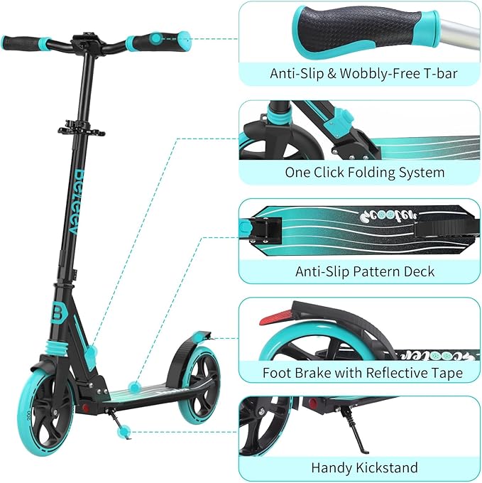 BELEEV V8 Scooters for Kids Ages 6+ with Light-Up Deck, 2 Wheel Folding Scooter for Adults Teens, 4 Adjustable Height, Lightweight Sport Commuter Scooter, Sturdy Frame, Max Load 220 lbs