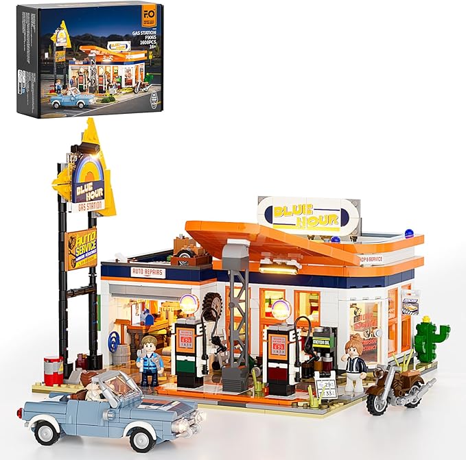 FUNWHOLE City Gas-Station Lighting-Building-Bricks Set - Road Trip Modular Car Service Station Collection LED Light Building Set 1608 Pcs for Adults, Teen and Travelling Enthusiasts