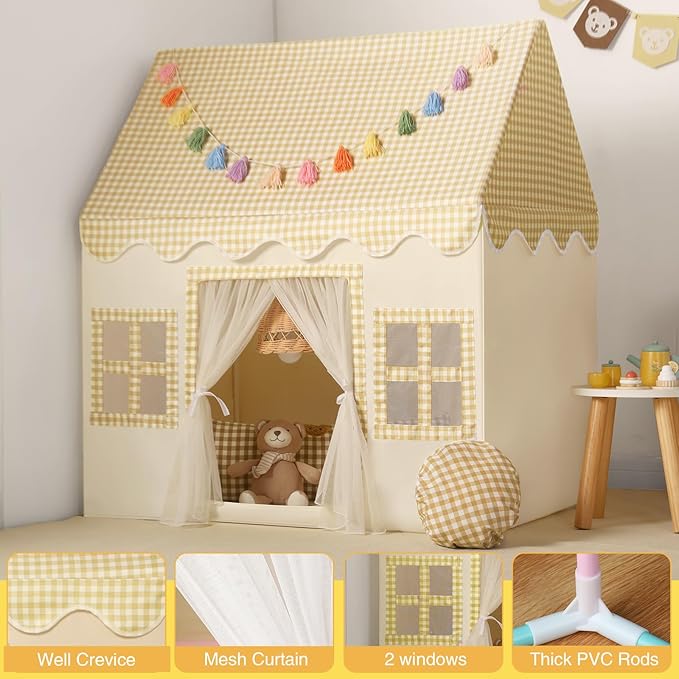 Kids Play Tent Indoor: Mat, Tassel Garland, Star Lights - Yellow Checkered Boys Tent Playhouse for Toddlers Kids Toys for Boy Girl Birthday Gift