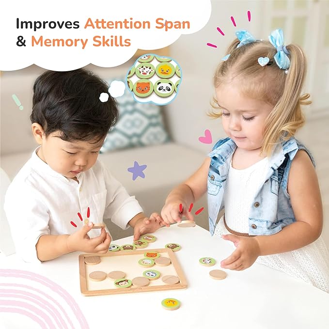 Bimi Boo Wooden Memory Matching Game for Toddlers 3+ Year Old - Memory Match Board Game with Tiles - Cognitive Skill Development Preschool Learning Toy (100 Tiles, 50 Matching Pair Chips, 5 Themes)