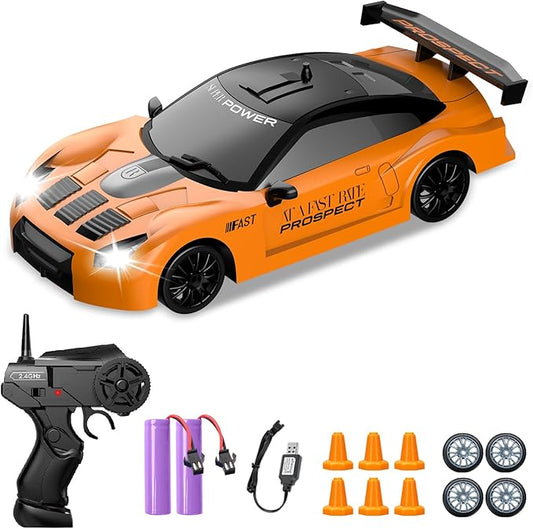Remote Control Car, Drift RC Car 1/24 2.4GHz 4WD High Speed Orange RC Vehicle Cars Toys with LED Light and Drift Tires USB Charging for Boys and Girls Teens and Adults