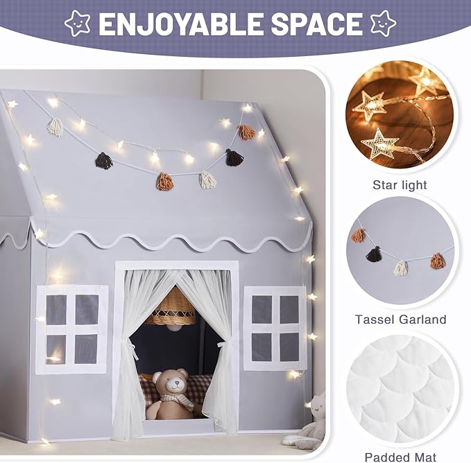 Kids Play Tent Indoor: Mat, Tassel Garland, Star Lights - Gray Girl Tent Playhouse for Toddlers Kids Toys for Boy Girl Birthday Gift