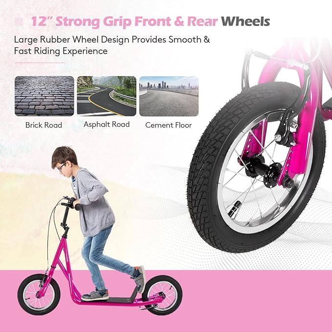 Goplus Youth Kick Scooter, Kids Kick Scooter W/ 12-Inch Air Filled Wheels, Carbon Steel Frame, Adjustable Handlebar, Front and Rear Dual Brakes, Ride On Toys for Adults Teens 8+