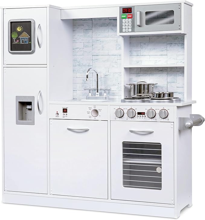 Lil' Jumbl Kids Kitchen Set, Pretend Wooden Play Kitchen, Battery Operated Icemaker & Microwave with Realistic Sound, Pots & Pan Included - White