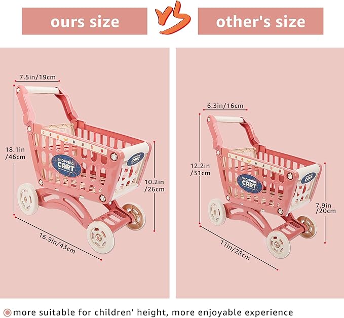 deAO Kids Shopping Cart Trolley for Groceries Toddlers 65 Food Fruit Vegetables Pretend Play Food Role Play Educational Toy Play Kitchen Toys Store Playset (Red)