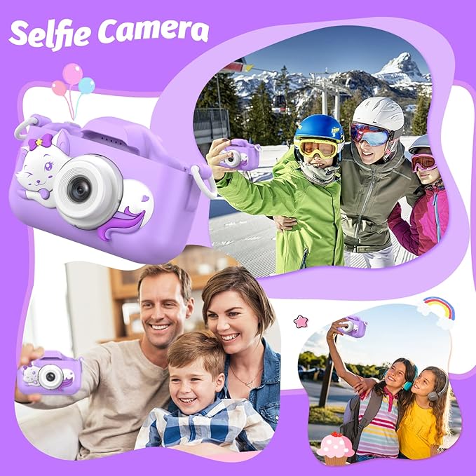 Kids Camera Toys Gifts for Boys Girls, Selfie HD Digital Video Shockproof Camcorder, Christmas Birthday 3 4 5 6 7 8 9 Years Old Girls - 32GB SD Card Included