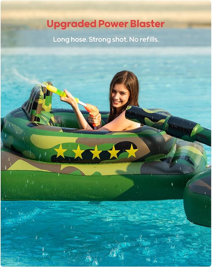 QPAU Inflatable Tank Pool Float for Adults & Kids – Ride-On Camouflage Floaty with Water Cannon, Swim Raft Toy for Boys Girls Ages 6+, Lake Beach Backyard Party Floaties