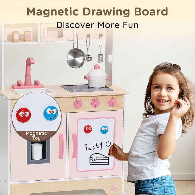 SainSmart Jr. Wooden Play Kitchen for Kids - Premium Toddler Pretend Play Cooking Set - Includes Stove, Refrigerator, and Accessories for Boys and Girls