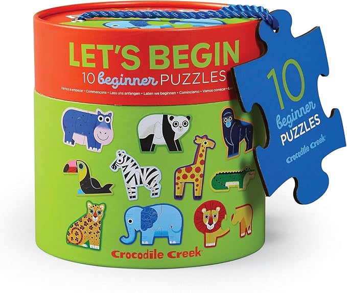 Crocodile Creek Let’s Begin Puzzle - Ten 2-Piece Beginner Puzzles for Ages 2 and Up - Heavy-Duty Storage Canister with Handle - Colorful Jungle Design - Each Puzzle is 6" L x 4" H Finished