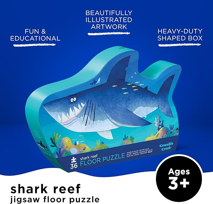 Crocodile Creek 36-Piece Jigsaw Floor Puzzle - Fun Floor Puzzles for Kids Ages 3-5 - Heavy-Duty Shaped Box for Storage - Shark Reef - 24" W x 18" H Finished