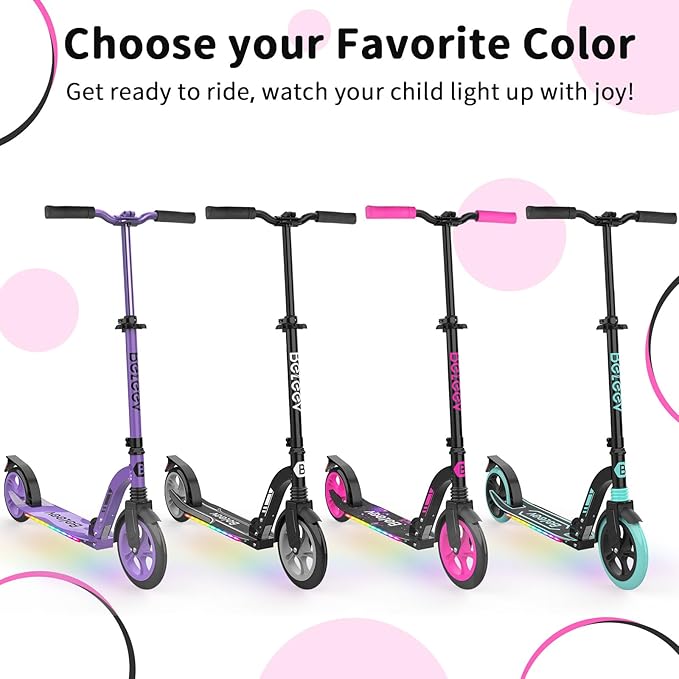 BELEEV V8 Scooters for Kids Ages 6+ with Light-Up Deck, 2 Wheel Folding Scooter for Adults Teens, 4 Adjustable Height, Lightweight Sport Commuter Scooter, Sturdy Frame, Max Load 220 lbs
