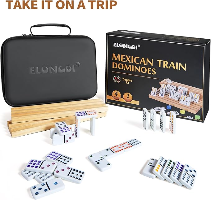 Mexican Train Double 12 Dominoes Set with 4 Wooden Trays/Racks in Portable Carrying Case Colorful 91 Tiles & 9 Trains Board Game for Family Game Night