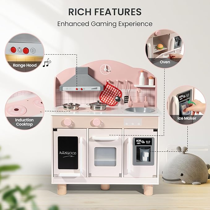 BlueWood Wooden Kids Kitchen Playset for Toddlers Ages 3-8, with Induction Hob, Oven, Ice Maker, Hood, and Tap - Châtelet Creamy Pink