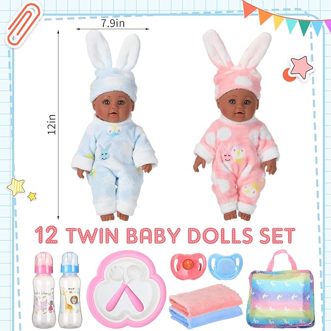 10 Pcs Realistic Twin Baby Dolls Toy Set Include 2 Pcs 12 Inch Baby Dolls, Feeding Set, Pacifiers, Doll Diapers, Bags, Milk Bottles Removable Outfit for Toddler Kids 6+ Gift(Black)