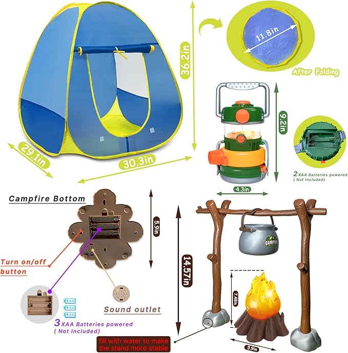 MITCIEN Kids Play Tent with Campfire, Toddlers Camping Set, Oil Lantern with Sound, Cut Up Fruits, Marshmallow, Skewers, Pretend Camping Toys for 3 4 5 6+ Year Old Boys and Girls