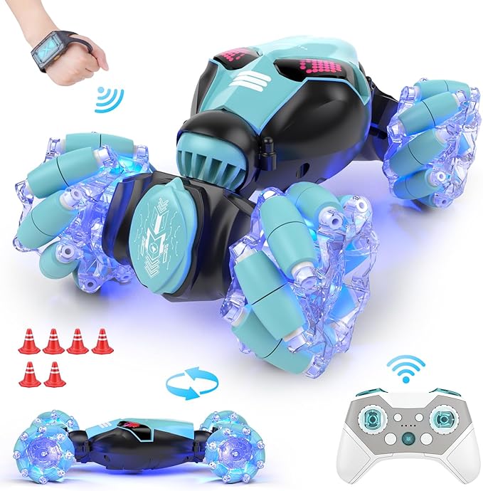 Powerextra 1:16 RC Stunt Car Gesture Sensing, with [Light & Music] for Boys Watch Hand Remote Control Car, Double Sided Rotating Off-Road Vehicle 360° Flips with 2 Batteries, Boy's Birthday Gift