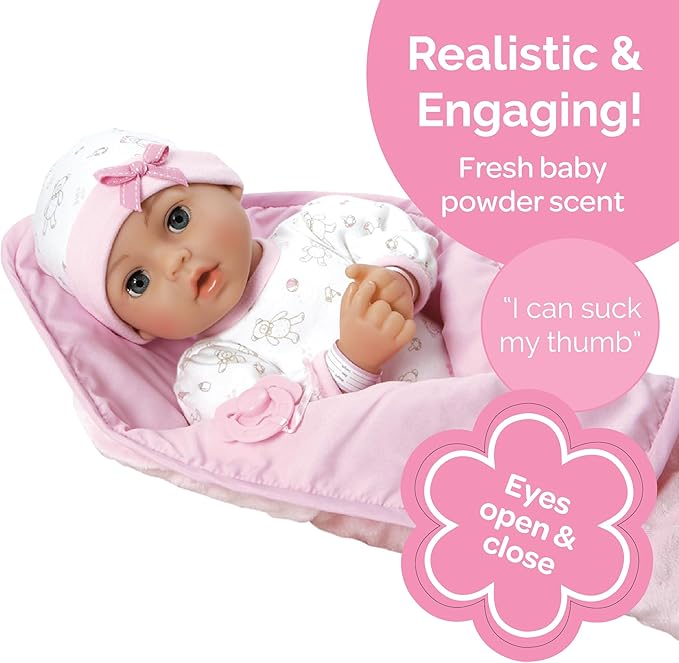 Adora 16 Inch Girl Baby Doll with Accessories Pink Matching 9-Piece Set Including a Pacifier, Hospital, Bracelet, Diaper, and More Gift for Toddlers Ages 3+ Adoption Babies Collection - Hope