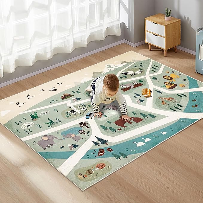 Kids Rug Play Mat 5Ft Zoo Animal Bedroom Carpet Forest Animal Playroom Rug for Boys Girls Adventure Playmat Children Area Rug Nonslip Fluffy Area Rug for Kids Room Nursery Decor 3.3'x5', Green