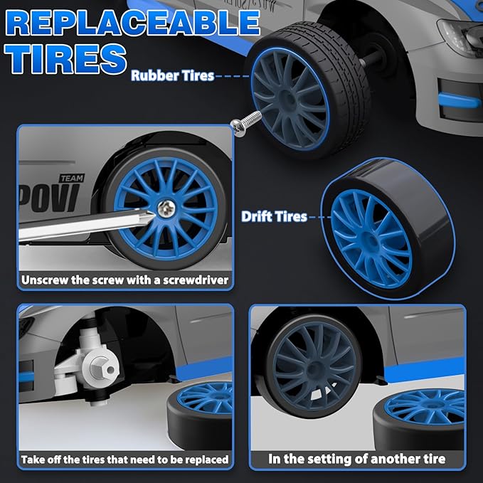 Remote Control Car, 1/24 2.4GHz 4WD RC Drift Car High Speed RC Cars with Cool Lights, Rechargeable Battery and Extra Tires Toys for Kids (Grey)