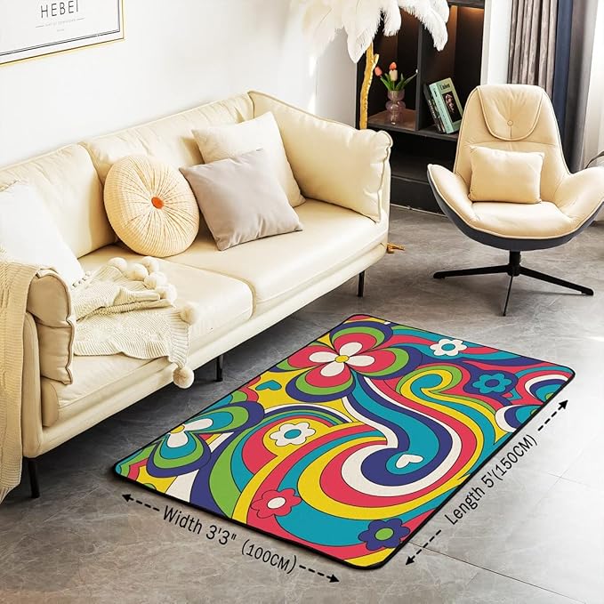 Hippie Boho Floral Rug Colorful Groovy Flower Power Carpet 3x5 Trippy Spring Garden Botanical Area Rug for Girls Teen Women 60S 70S Theme Bohemian Non Slip Decorative Rug for Bedside