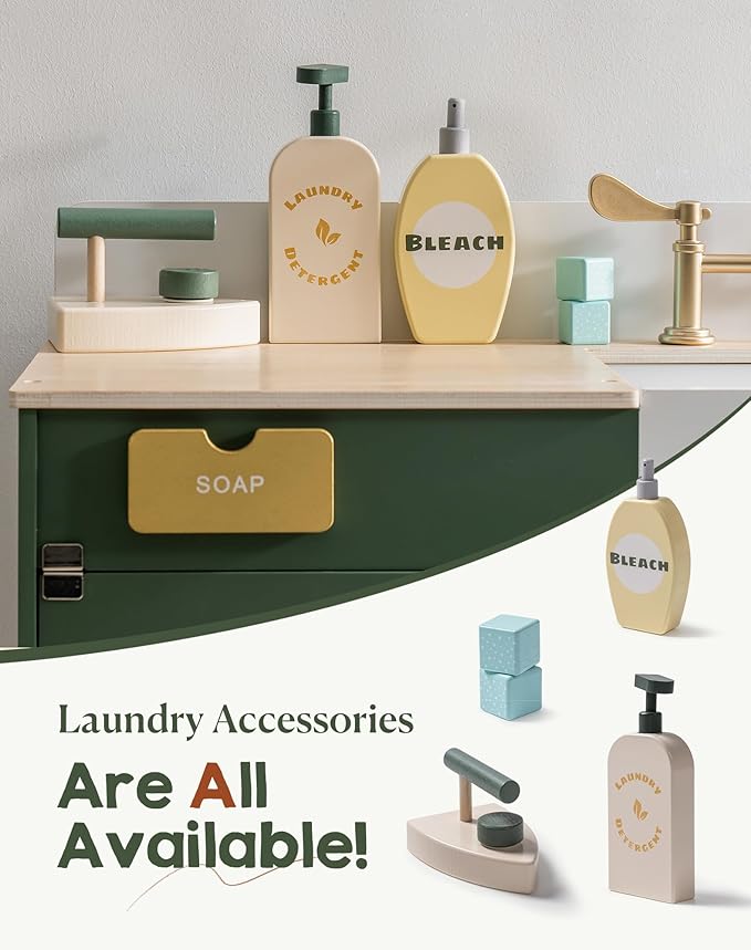 ROBOTIME Play Kitchen Set- Wooden Toy Washing Machine, Kids Washer and Dryer for Kids Kitchen Playset with Realist Sound/Iron, Pretend Play Kitchen for Toddlers (Vintage Green)