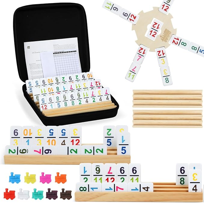 BATURU Double 12 Mexican Train Dominoes Set, Dominos Set for Adults - 91 Numer Tiles with Carry Case, Fun Board Games for Adults & Family Game Night, Travel Games, Easter Basket Stuffers (6 Racks)