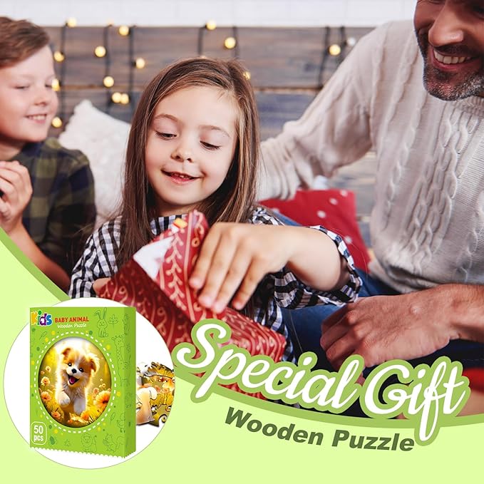 Easter Gifts for Kids Girls Boys, Easter Basket Stuffers, Wooden Jigsaw Puzzles for Kids Ages 4-6, 50 Piece Unique Shape Animal Theme Puzzle - Preschool Learning Educational Toys for Kid 3+ (Puppy)