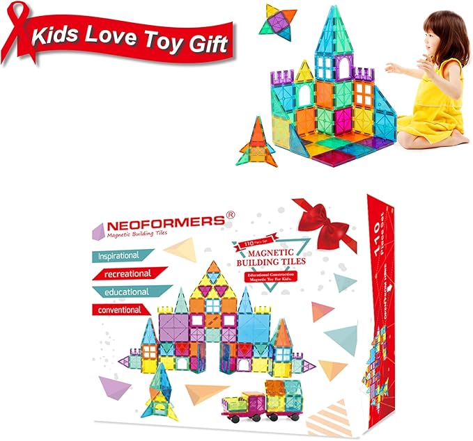 110 PCS Magnetic Tiles with 2 Cars, STEM 3D Building Blocks for Kids Ages 3-8, Montessori Magnet Construction Toys for Preschool Classroom (NF-110 PCS)