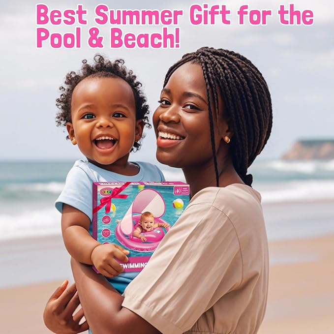 ZIZZ Baby Pool Float with Canopy - 2025 New Inflatable Baby Swim Float with UPF50+Sun Protection, Baby Infant Pool Float with Toy Play Console Adjustable Seat for Toddler Kids Aged 6-36 Months