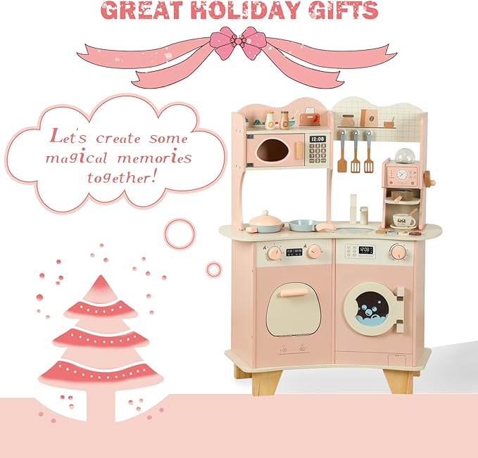 Play Kitchen for Kids - Wooden Pretend Play Kitchen Set Toy with Washing Machine and Coffee Grinder, Toys Kitchen Gift for 3+ Year Old Kids, Girls & Boys